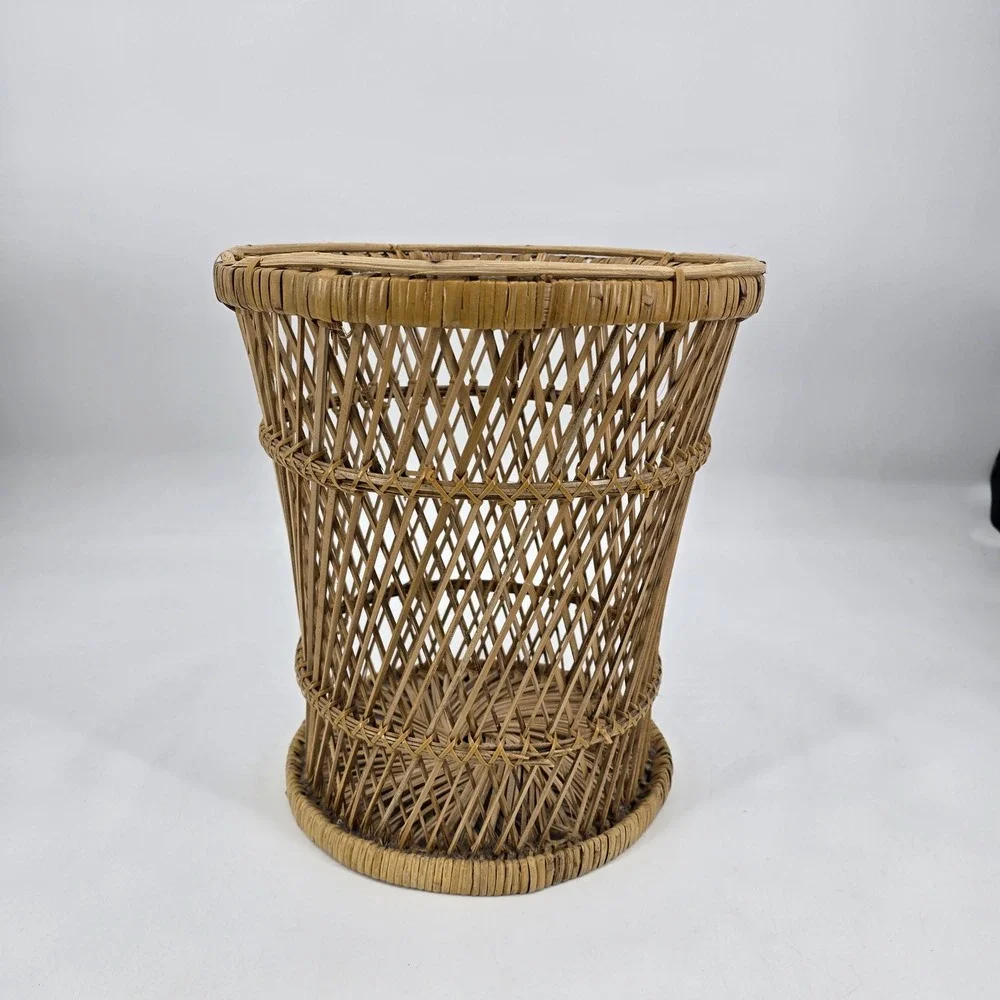 Vintage Wicker Rattan Wastebasket Handwoven Boho Coastal Storage Basket Decor